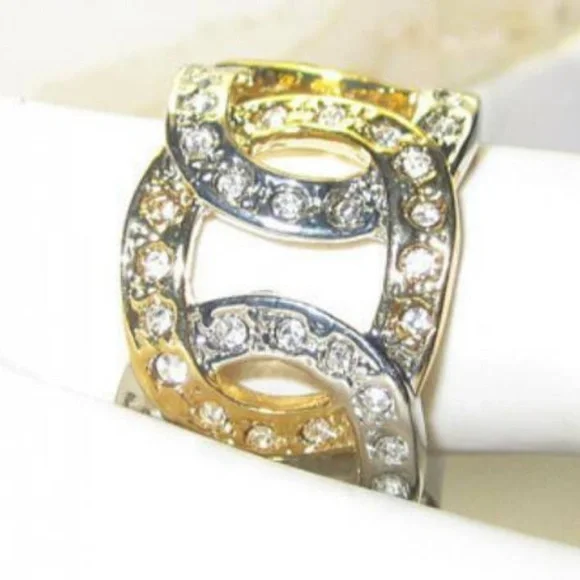 Two-Tone Gold & Silver Crystal Link Statement Ring - Picture 3 of 3